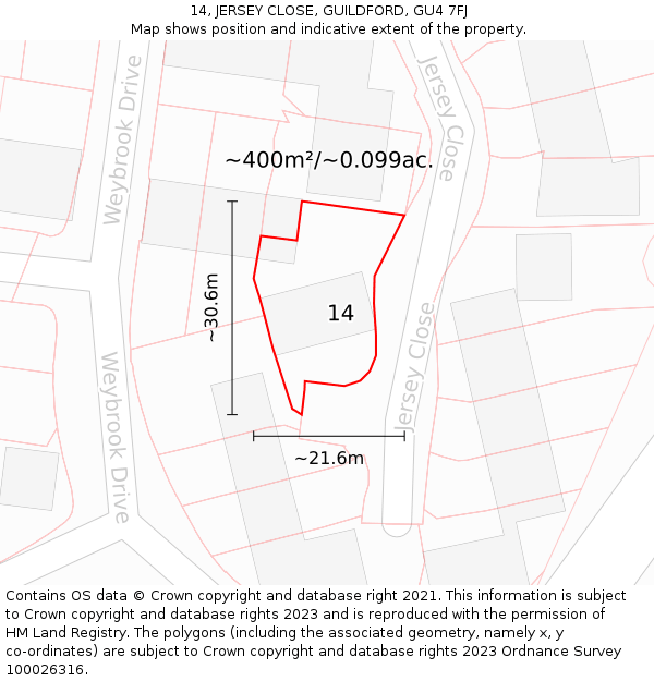 14, JERSEY CLOSE, GUILDFORD, GU4 7FJ: Plot and title map
