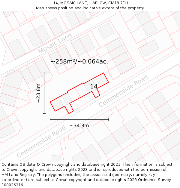 14, MOSAIC LANE, HARLOW, CM18 7FH: Plot and title map