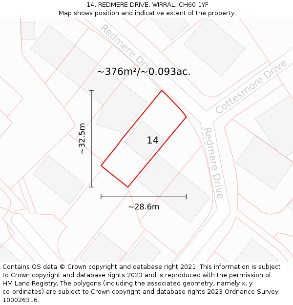 14, REDMERE DRIVE, WIRRAL, CH60 1YF: Plot and title map