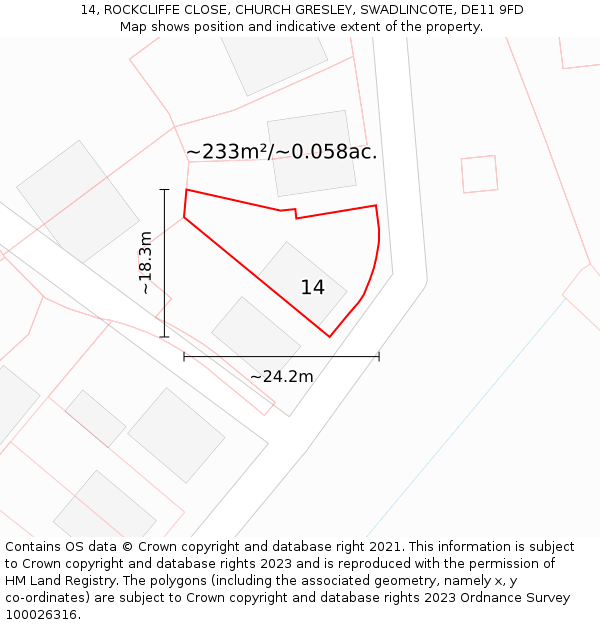 14, ROCKCLIFFE CLOSE, CHURCH GRESLEY, SWADLINCOTE, DE11 9FD: Plot and title map