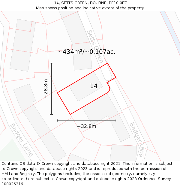 14, SETTS GREEN, BOURNE, PE10 0FZ: Plot and title map