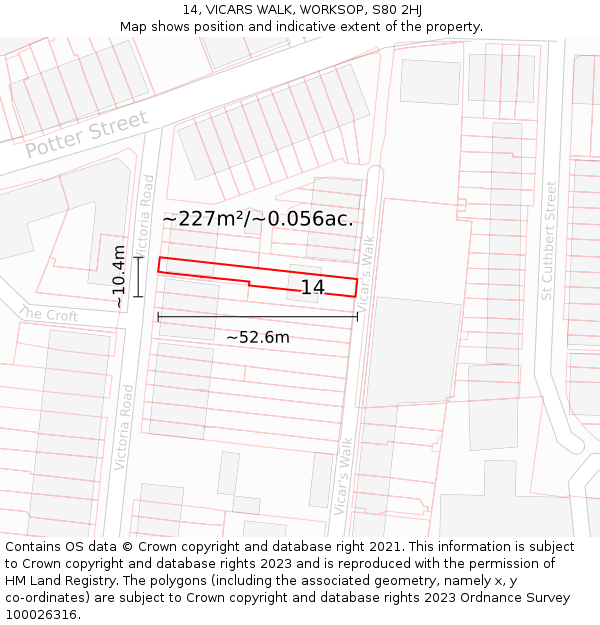 14, VICARS WALK, WORKSOP, S80 2HJ: Plot and title map