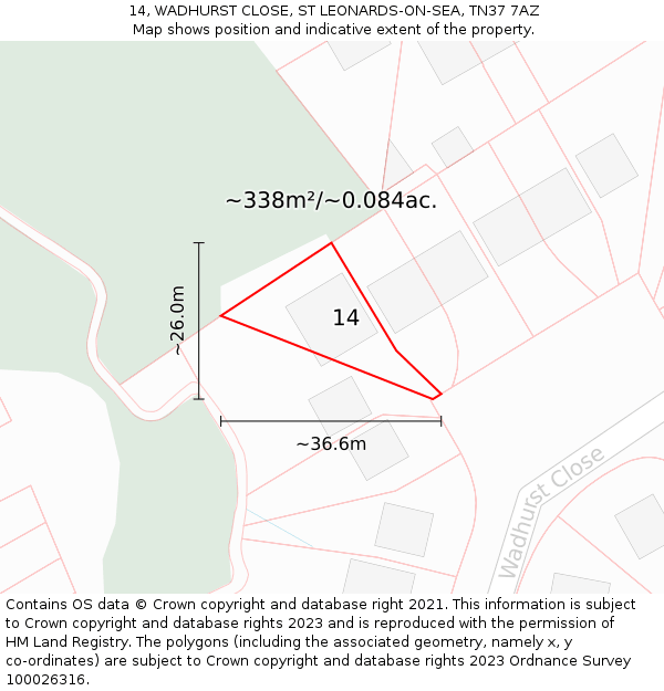 14, WADHURST CLOSE, ST LEONARDS-ON-SEA, TN37 7AZ: Plot and title map