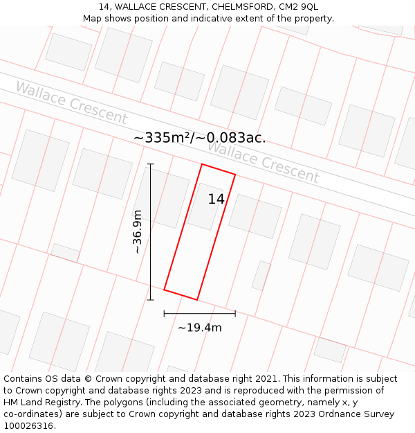 14, WALLACE CRESCENT, CHELMSFORD, CM2 9QL: Plot and title map