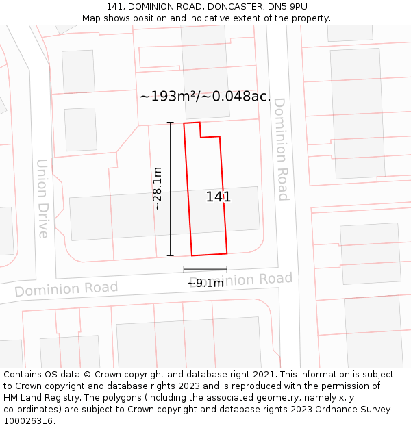 141, DOMINION ROAD, DONCASTER, DN5 9PU: Plot and title map