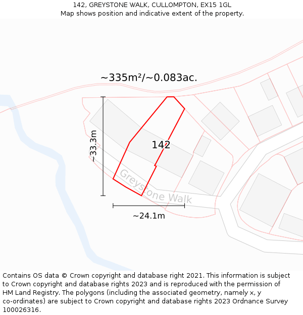 142, GREYSTONE WALK, CULLOMPTON, EX15 1GL: Plot and title map
