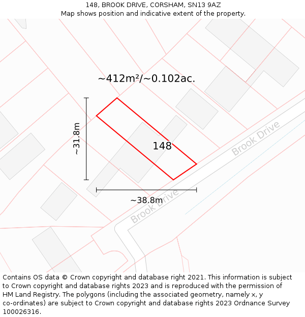 148, BROOK DRIVE, CORSHAM, SN13 9AZ: Plot and title map