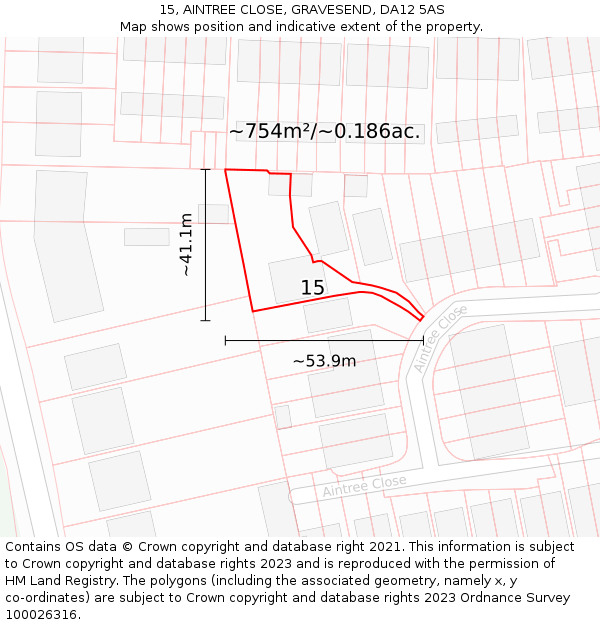15, AINTREE CLOSE, GRAVESEND, DA12 5AS: Plot and title map