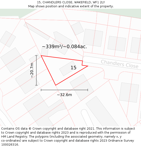 15, CHANDLERS CLOSE, WAKEFIELD, WF1 2LY: Plot and title map