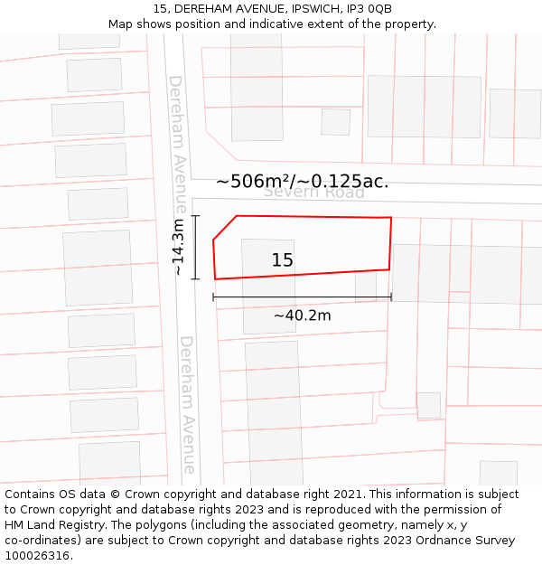 15, DEREHAM AVENUE, IPSWICH, IP3 0QB: Plot and title map