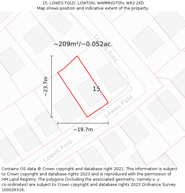 15, LOWES FOLD, LOWTON, WARRINGTON, WA3 2XD: Plot and title map