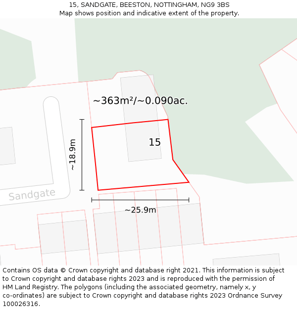 15, SANDGATE, BEESTON, NOTTINGHAM, NG9 3BS: Plot and title map