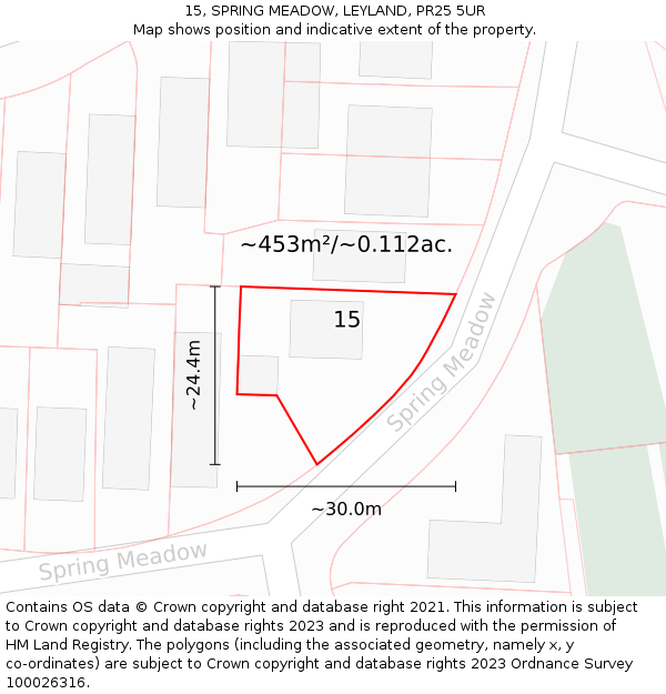 15, SPRING MEADOW, LEYLAND, PR25 5UR: Plot and title map
