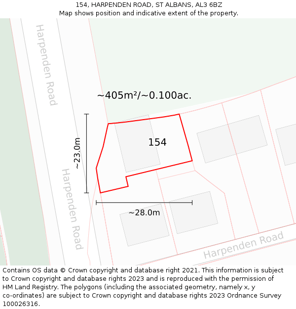 154, HARPENDEN ROAD, ST ALBANS, AL3 6BZ: Plot and title map