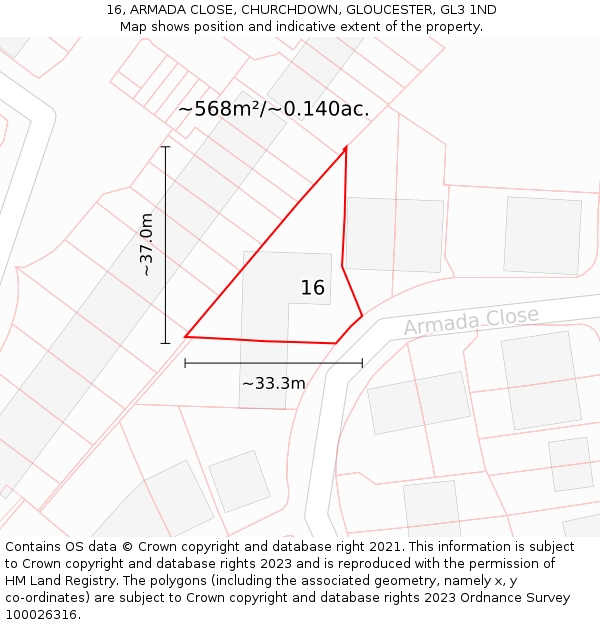 16, ARMADA CLOSE, CHURCHDOWN, GLOUCESTER, GL3 1ND: Plot and title map