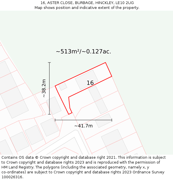 16, ASTER CLOSE, BURBAGE, HINCKLEY, LE10 2UG: Plot and title map