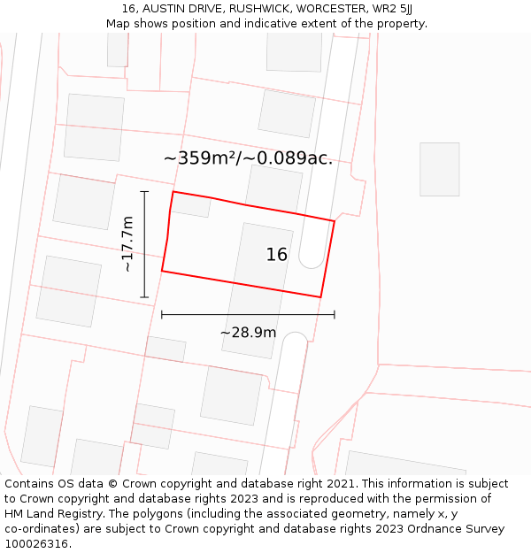 16, AUSTIN DRIVE, RUSHWICK, WORCESTER, WR2 5JJ: Plot and title map