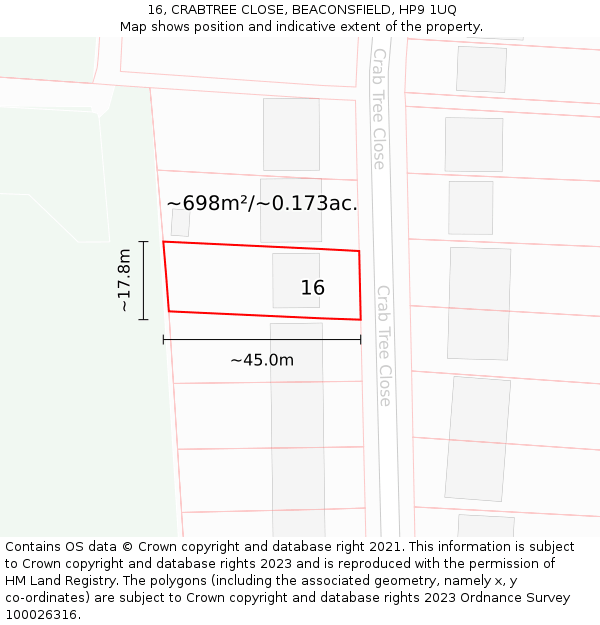 16, CRABTREE CLOSE, BEACONSFIELD, HP9 1UQ: Plot and title map