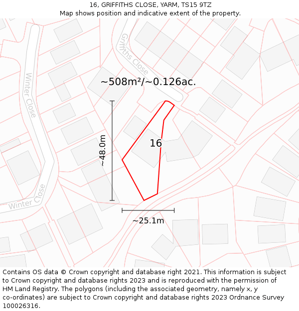 16, GRIFFITHS CLOSE, YARM, TS15 9TZ: Plot and title map