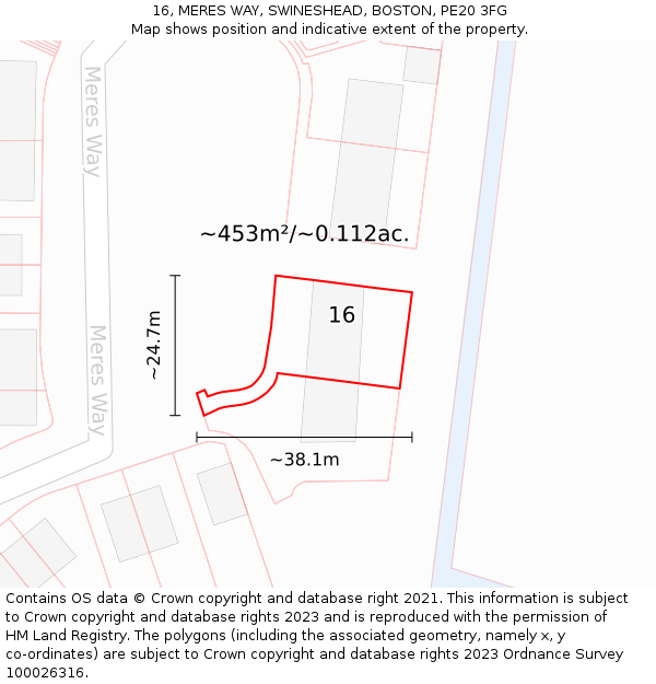 16, MERES WAY, SWINESHEAD, BOSTON, PE20 3FG: Plot and title map