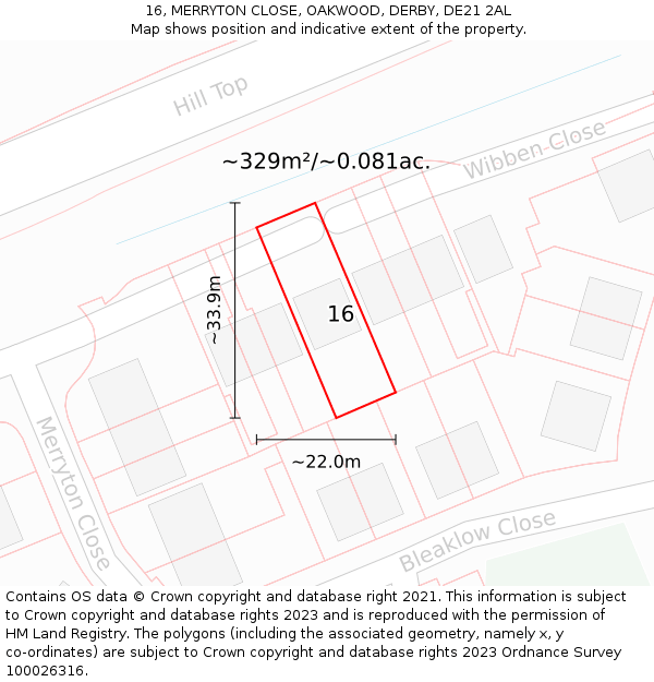 16, MERRYTON CLOSE, OAKWOOD, DERBY, DE21 2AL: Plot and title map