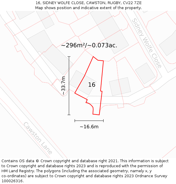 16, SIDNEY WOLFE CLOSE, CAWSTON, RUGBY, CV22 7ZE: Plot and title map