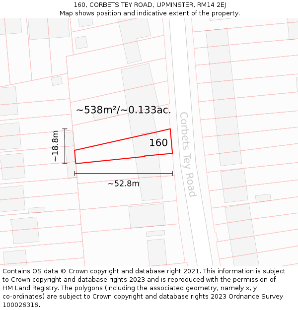160, CORBETS TEY ROAD, UPMINSTER, RM14 2EJ: Plot and title map