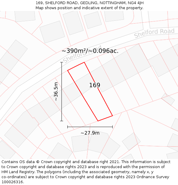 169, SHELFORD ROAD, GEDLING, NOTTINGHAM, NG4 4JH: Plot and title map