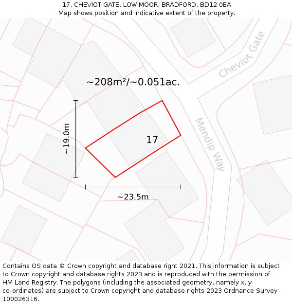 17, CHEVIOT GATE, LOW MOOR, BRADFORD, BD12 0EA: Plot and title map