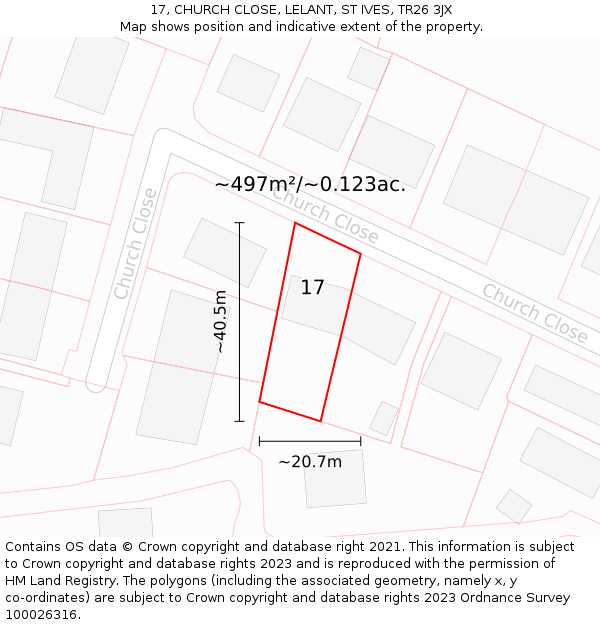 17, CHURCH CLOSE, LELANT, ST IVES, TR26 3JX: Plot and title map