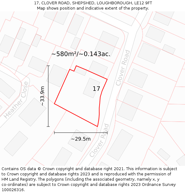 17, CLOVER ROAD, SHEPSHED, LOUGHBOROUGH, LE12 9FT: Plot and title map