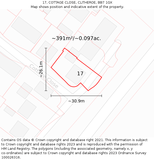 17, COTTAGE CLOSE, CLITHEROE, BB7 1GX: Plot and title map