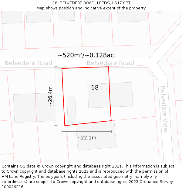 18, BELVEDERE ROAD, LEEDS, LS17 8BT: Plot and title map