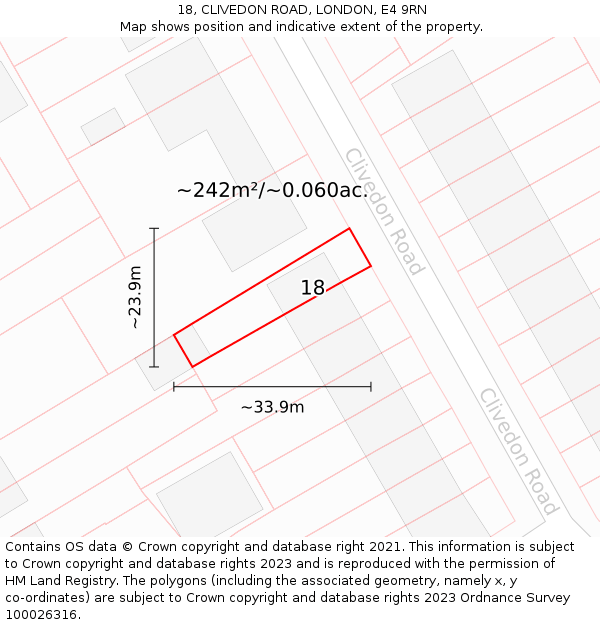 18, CLIVEDON ROAD, LONDON, E4 9RN: Plot and title map