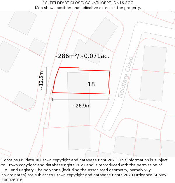 18, FIELDFARE CLOSE, SCUNTHORPE, DN16 3GG: Plot and title map