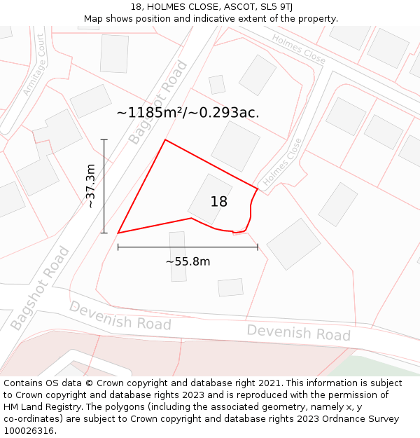18, HOLMES CLOSE, ASCOT, SL5 9TJ: Plot and title map