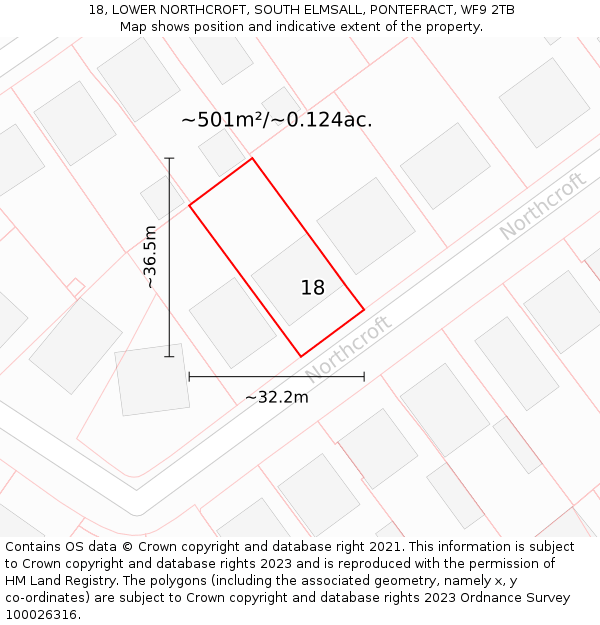 18, LOWER NORTHCROFT, SOUTH ELMSALL, PONTEFRACT, WF9 2TB: Plot and title map