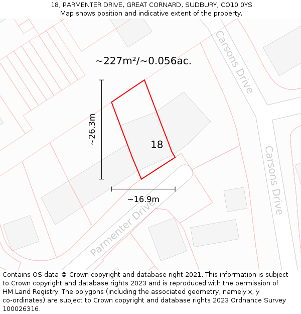 18, PARMENTER DRIVE, GREAT CORNARD, SUDBURY, CO10 0YS: Plot and title map