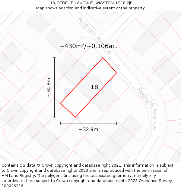 18, REDRUTH AVENUE, WIGSTON, LE18 2JF: Plot and title map