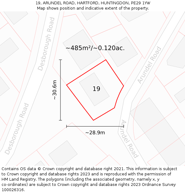 19, ARUNDEL ROAD, HARTFORD, HUNTINGDON, PE29 1YW: Plot and title map