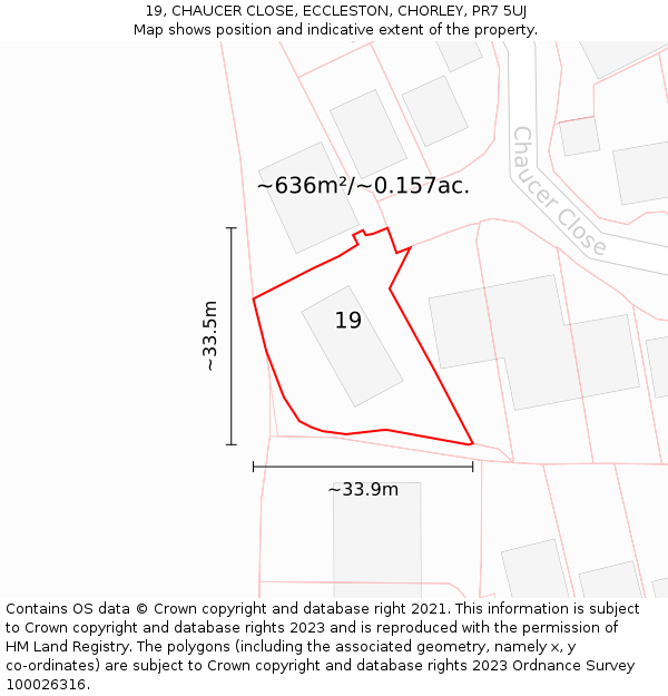 19, CHAUCER CLOSE, ECCLESTON, CHORLEY, PR7 5UJ: Plot and title map