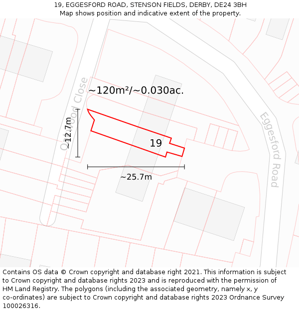 19, EGGESFORD ROAD, STENSON FIELDS, DERBY, DE24 3BH: Plot and title map