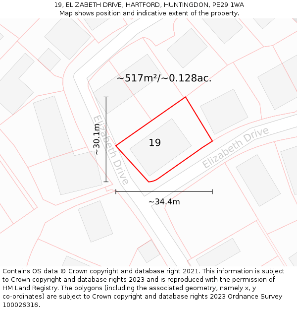 19, ELIZABETH DRIVE, HARTFORD, HUNTINGDON, PE29 1WA: Plot and title map