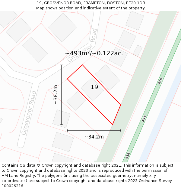 19, GROSVENOR ROAD, FRAMPTON, BOSTON, PE20 1DB: Plot and title map