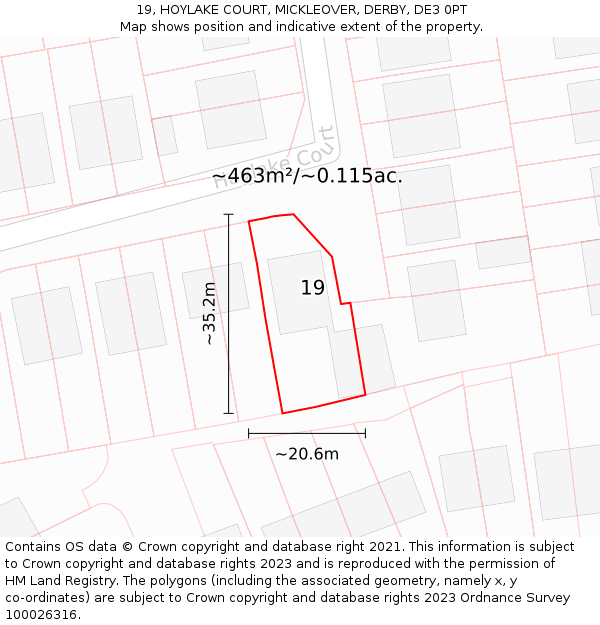 19, HOYLAKE COURT, MICKLEOVER, DERBY, DE3 0PT: Plot and title map
