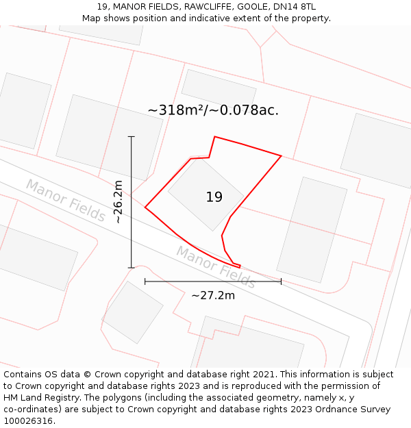 19, MANOR FIELDS, RAWCLIFFE, GOOLE, DN14 8TL: Plot and title map