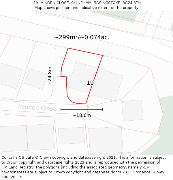 19, MINDEN CLOSE, CHINEHAM, BASINGSTOKE, RG24 8TH: Plot and title map