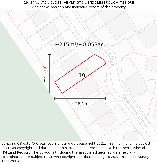 19, SPAUNTON CLOSE, HEMLINGTON, MIDDLESBROUGH, TS8 9RE: Plot and title map
