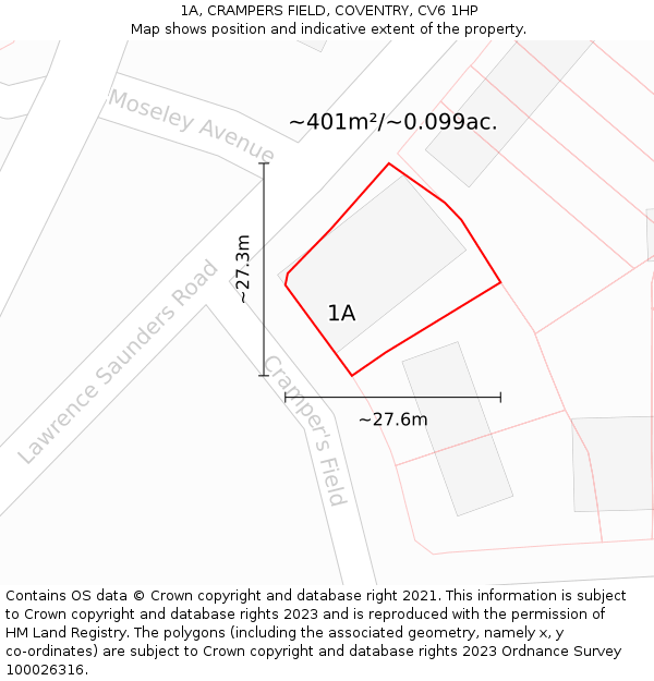 1A, CRAMPERS FIELD, COVENTRY, CV6 1HP: Plot and title map
