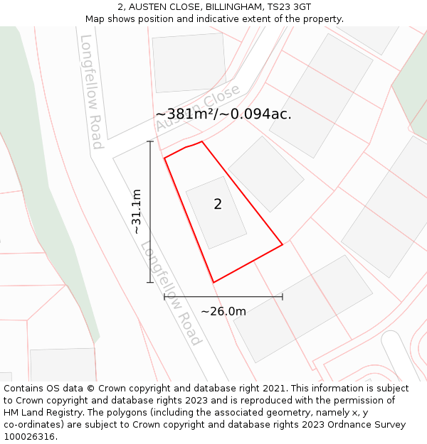 2, AUSTEN CLOSE, BILLINGHAM, TS23 3GT: Plot and title map